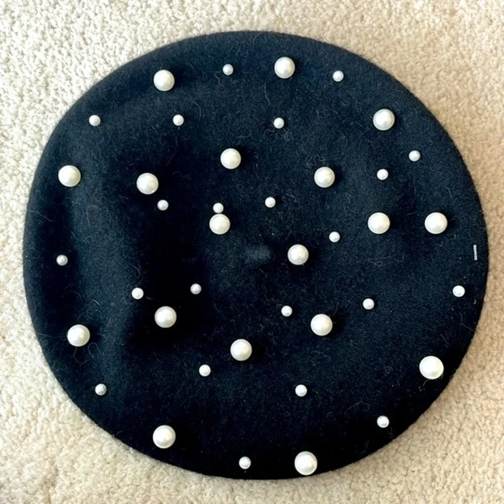 Brand New Jessica Simpson Black Wool French Beret w/ Faux Pearl Accents Beaded